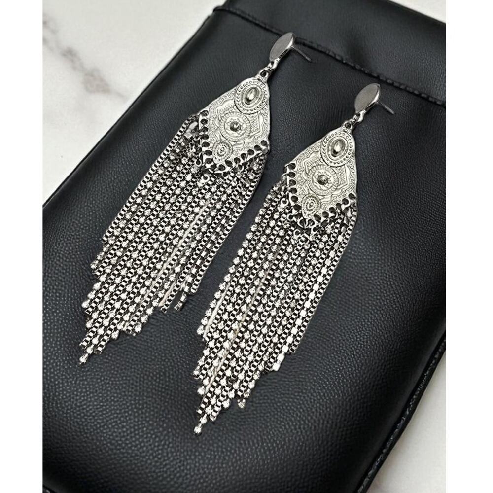 Silver Filigree Fringe Statement Earrings Rhinestone Dangle – Dramatic Glam - Picture 3 of 8